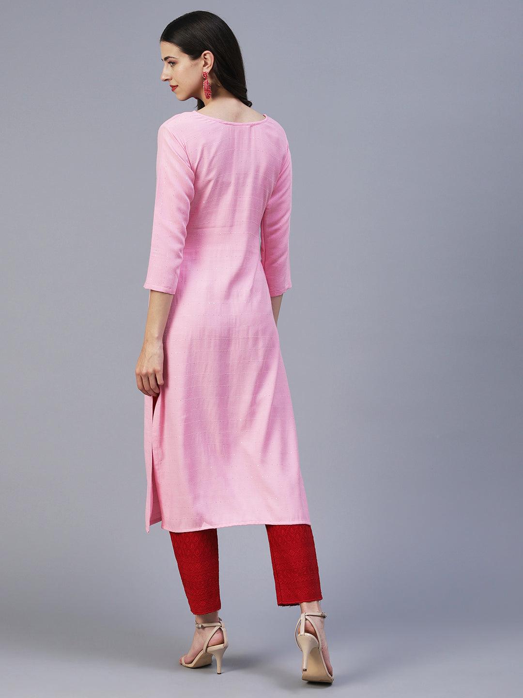 Floral Hand Embroidered Straight Fit Kurta - Pink - Indiakreations