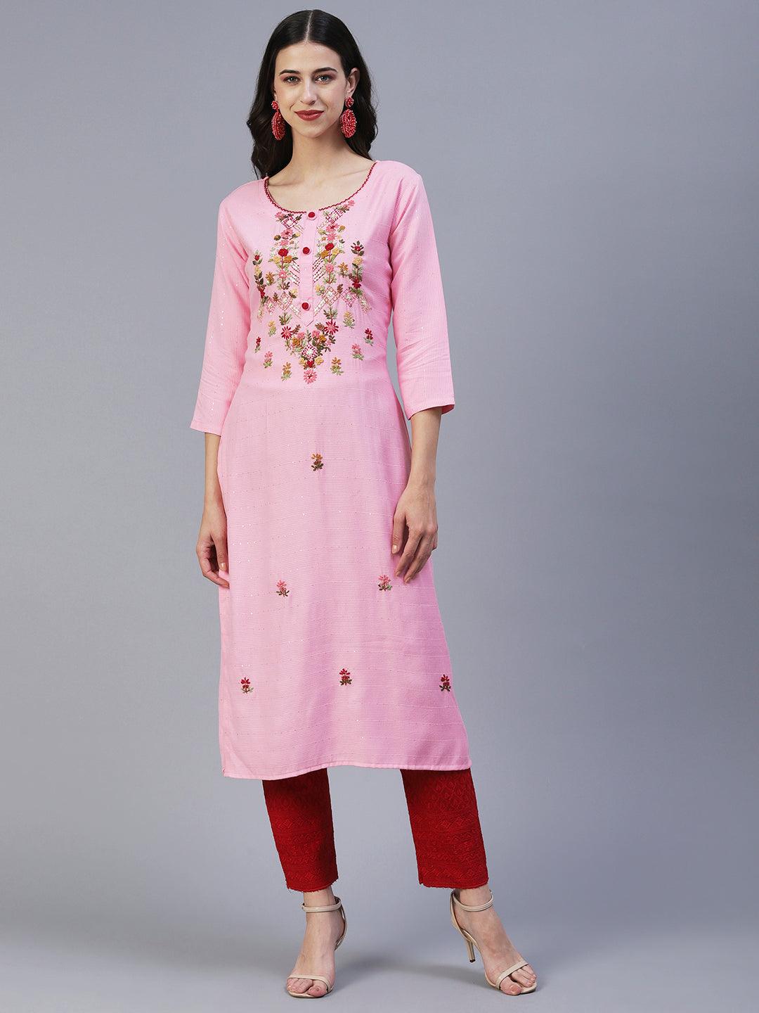 Floral Hand Embroidered Straight Fit Kurta - Pink - Indiakreations