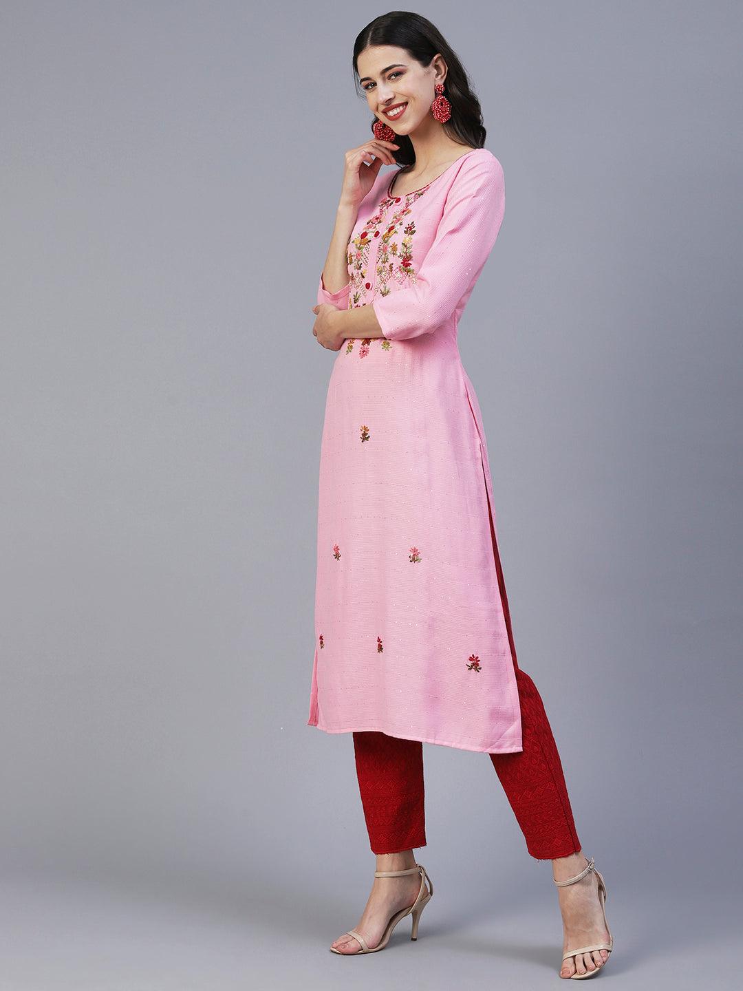 Floral Hand Embroidered Straight Fit Kurta - Pink - Indiakreations