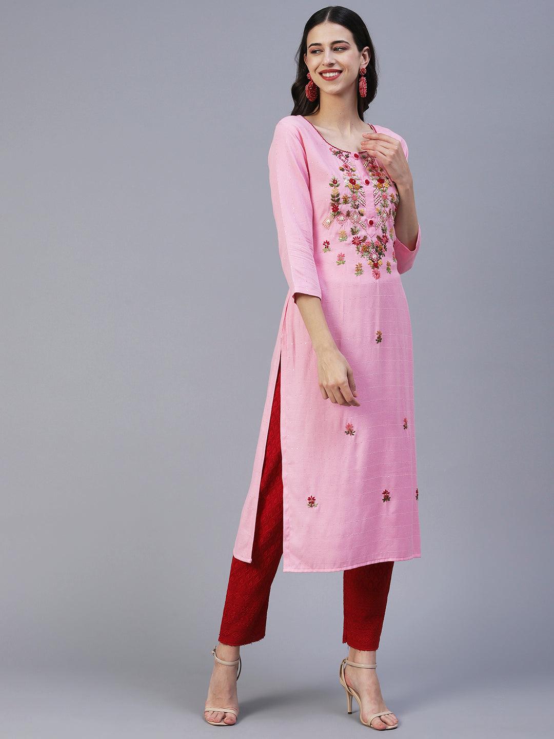 Floral Hand Embroidered Straight Fit Kurta - Pink - Indiakreations