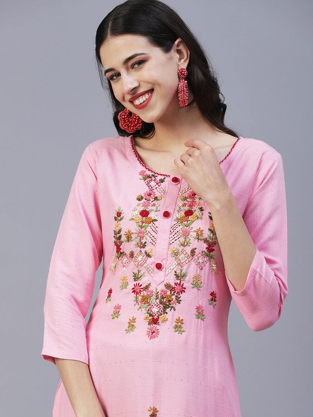 Floral Hand Embroidered Straight Fit Kurta - Pink - Indiakreations