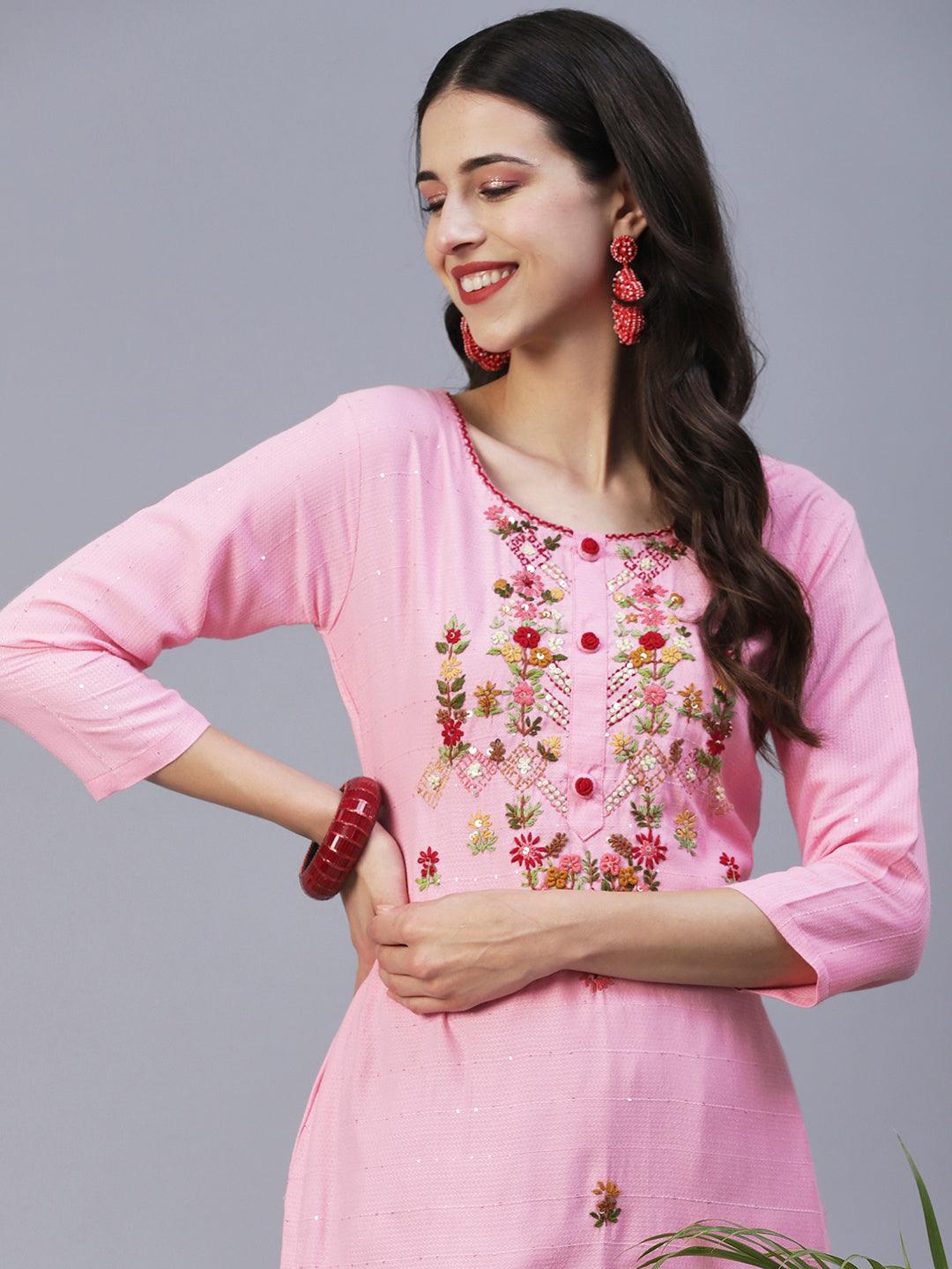 Floral Hand Embroidered Straight Fit Kurta - Pink - Indiakreations