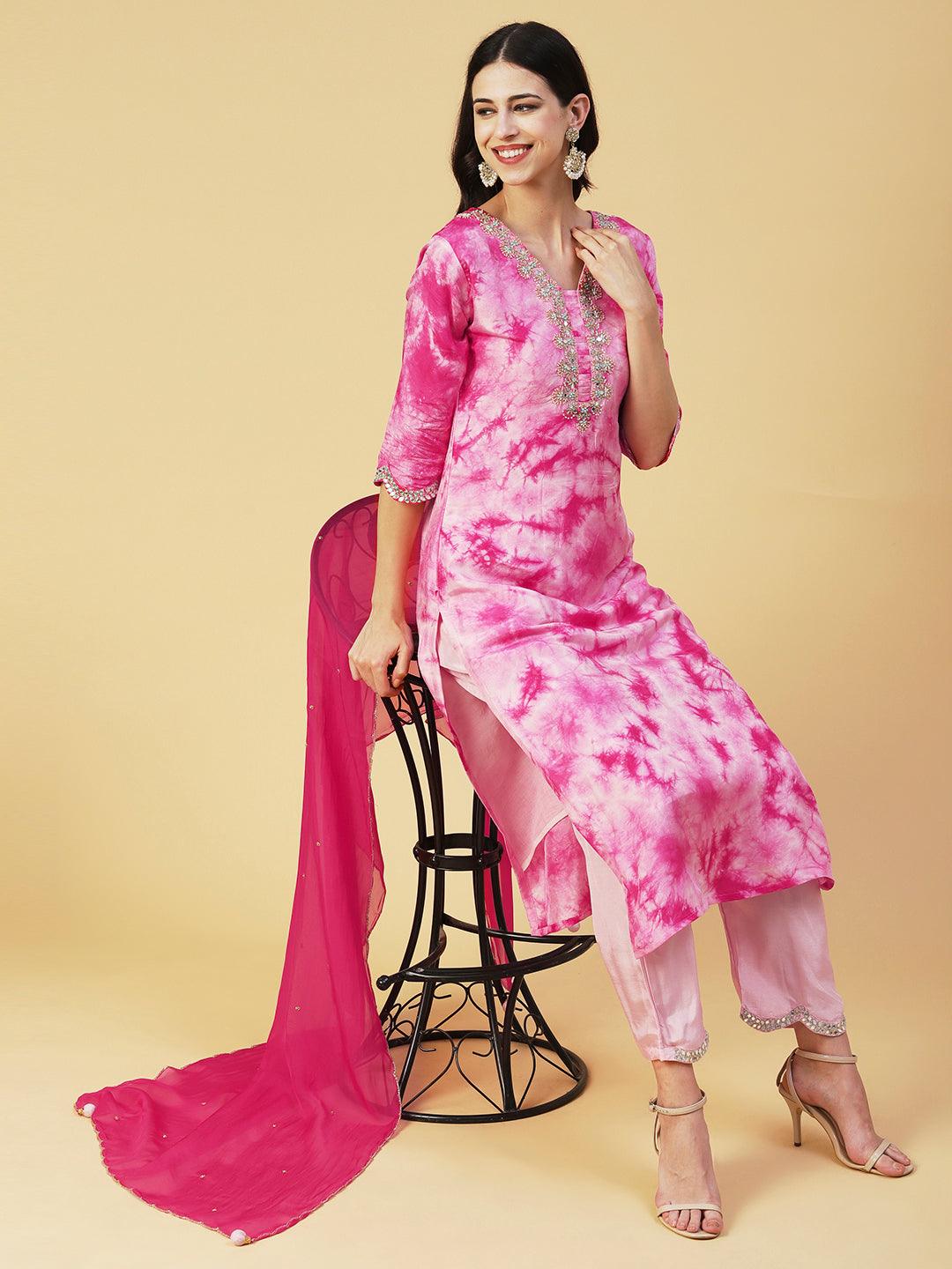 Tie - Dye Printed & Hand Embroidered Kurta with Pant & Dupatta - Pink - Indiakreations