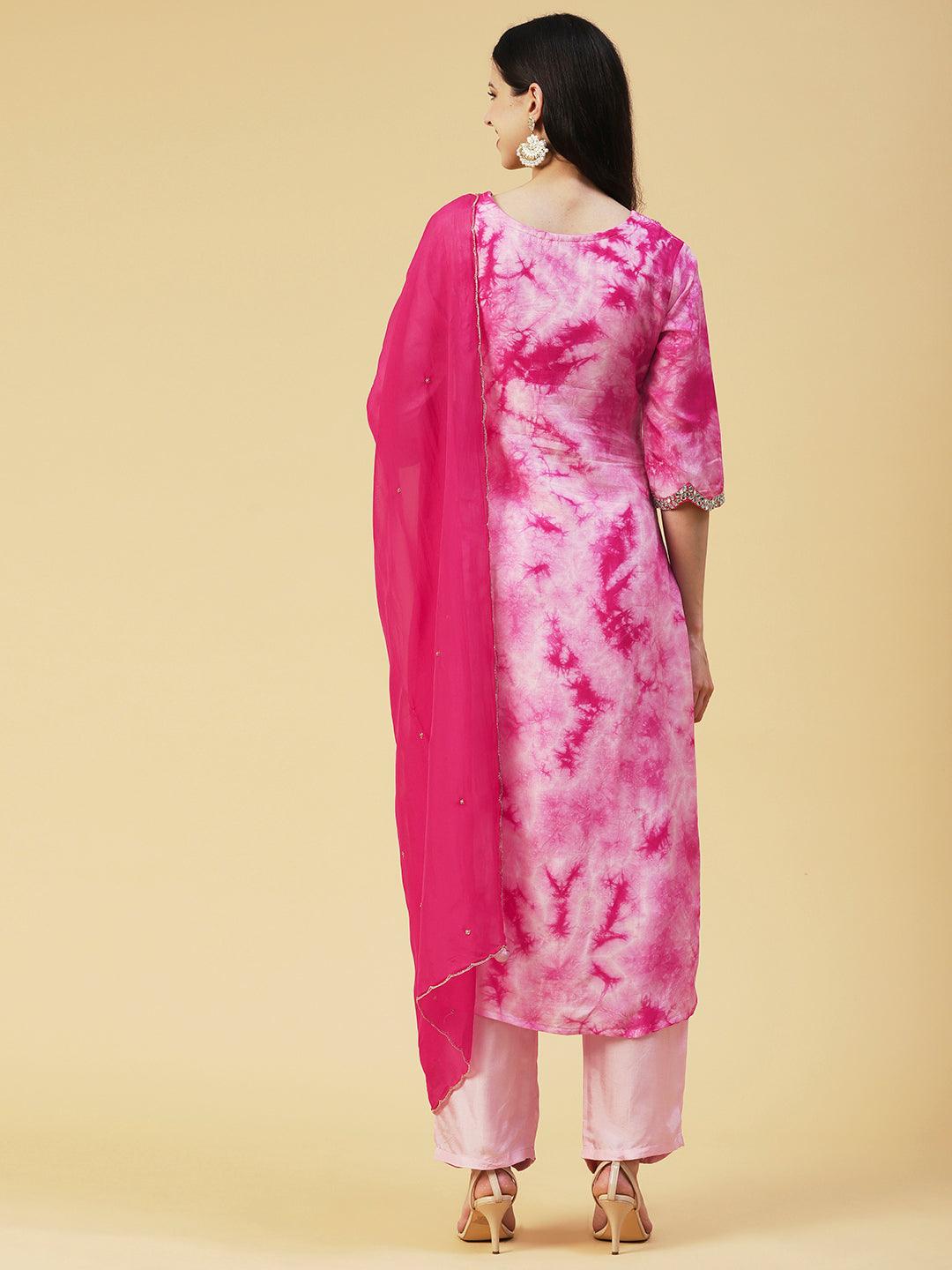 Tie - Dye Printed & Hand Embroidered Kurta with Pant & Dupatta - Pink - Indiakreations