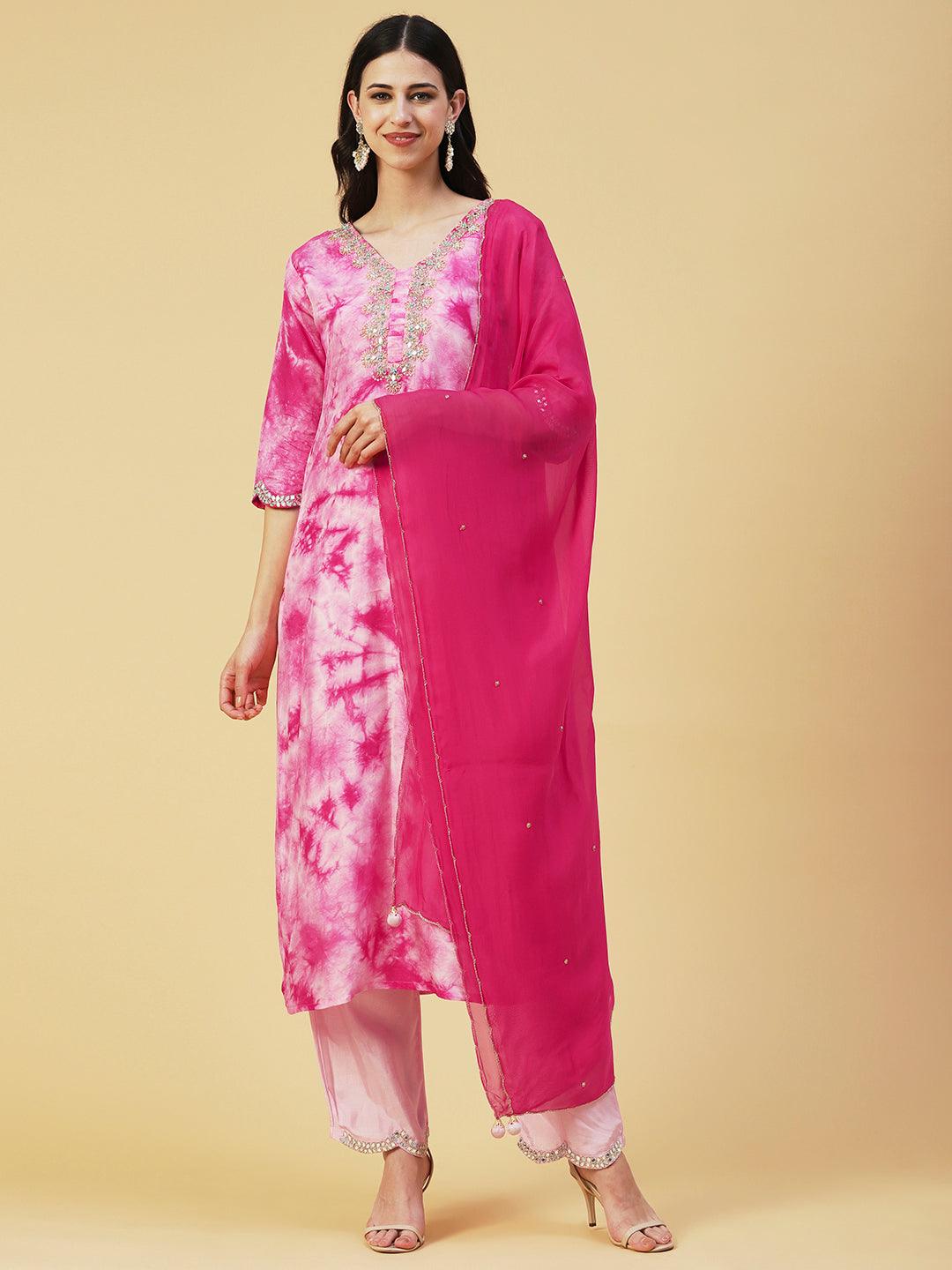 Tie - Dye Printed & Hand Embroidered Kurta with Pant & Dupatta - Pink - Indiakreations