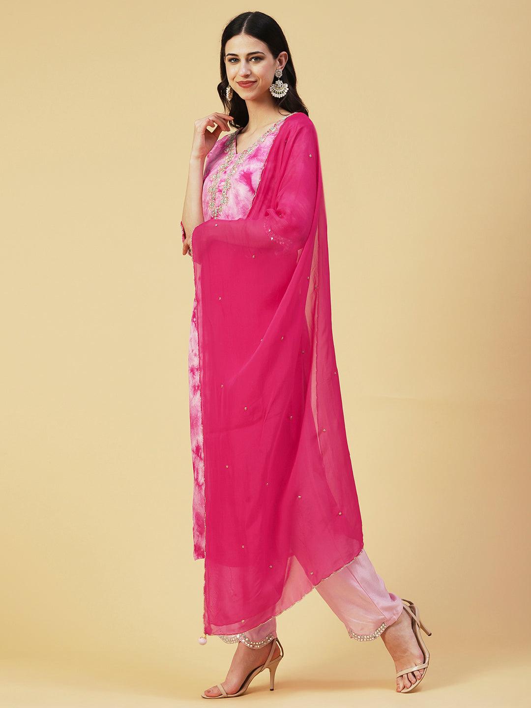 Tie - Dye Printed & Hand Embroidered Kurta with Pant & Dupatta - Pink - Indiakreations