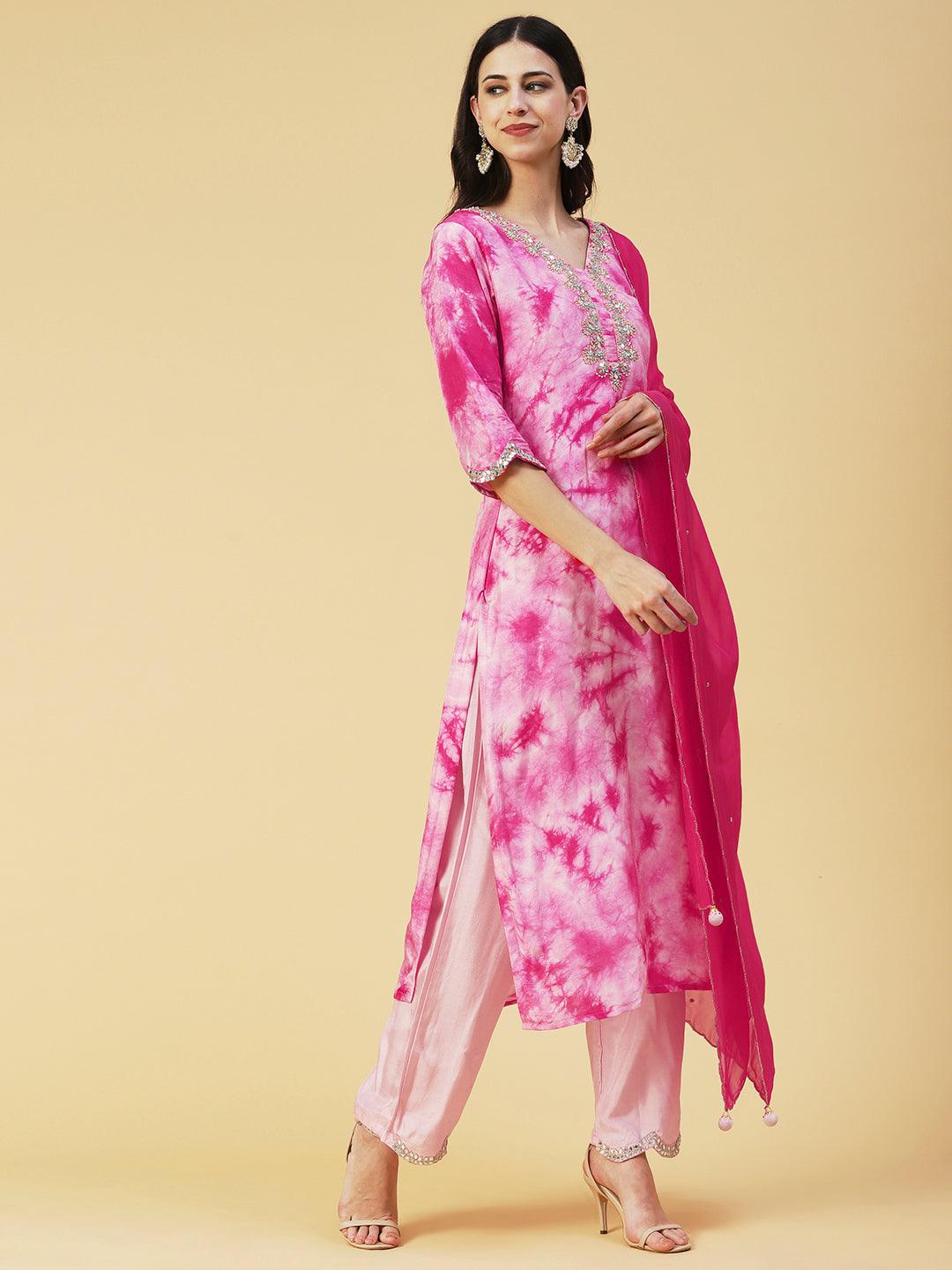 Tie - Dye Printed & Hand Embroidered Kurta with Pant & Dupatta - Pink - Indiakreations