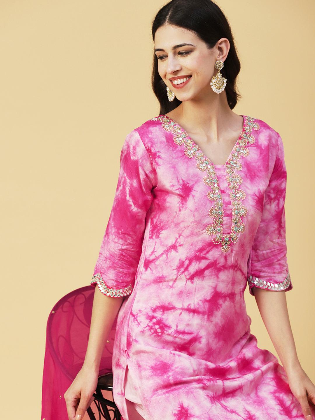 Tie - Dye Printed & Hand Embroidered Kurta with Pant & Dupatta - Pink - Indiakreations