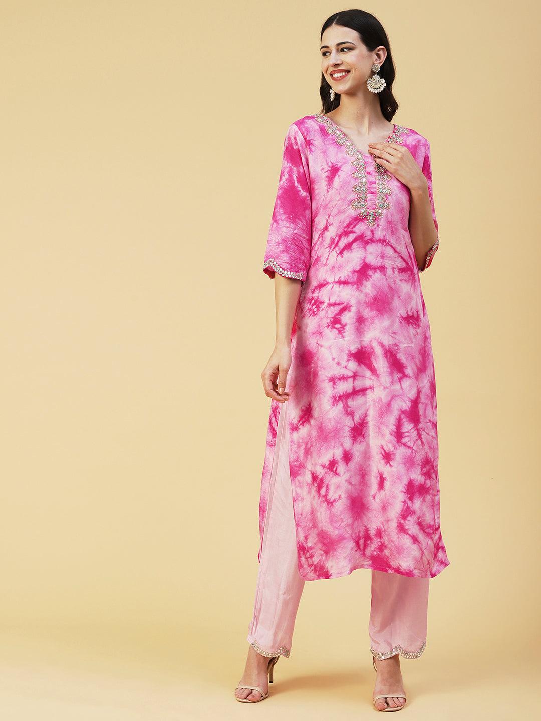 Tie - Dye Printed & Hand Embroidered Kurta with Pant & Dupatta - Pink - Indiakreations