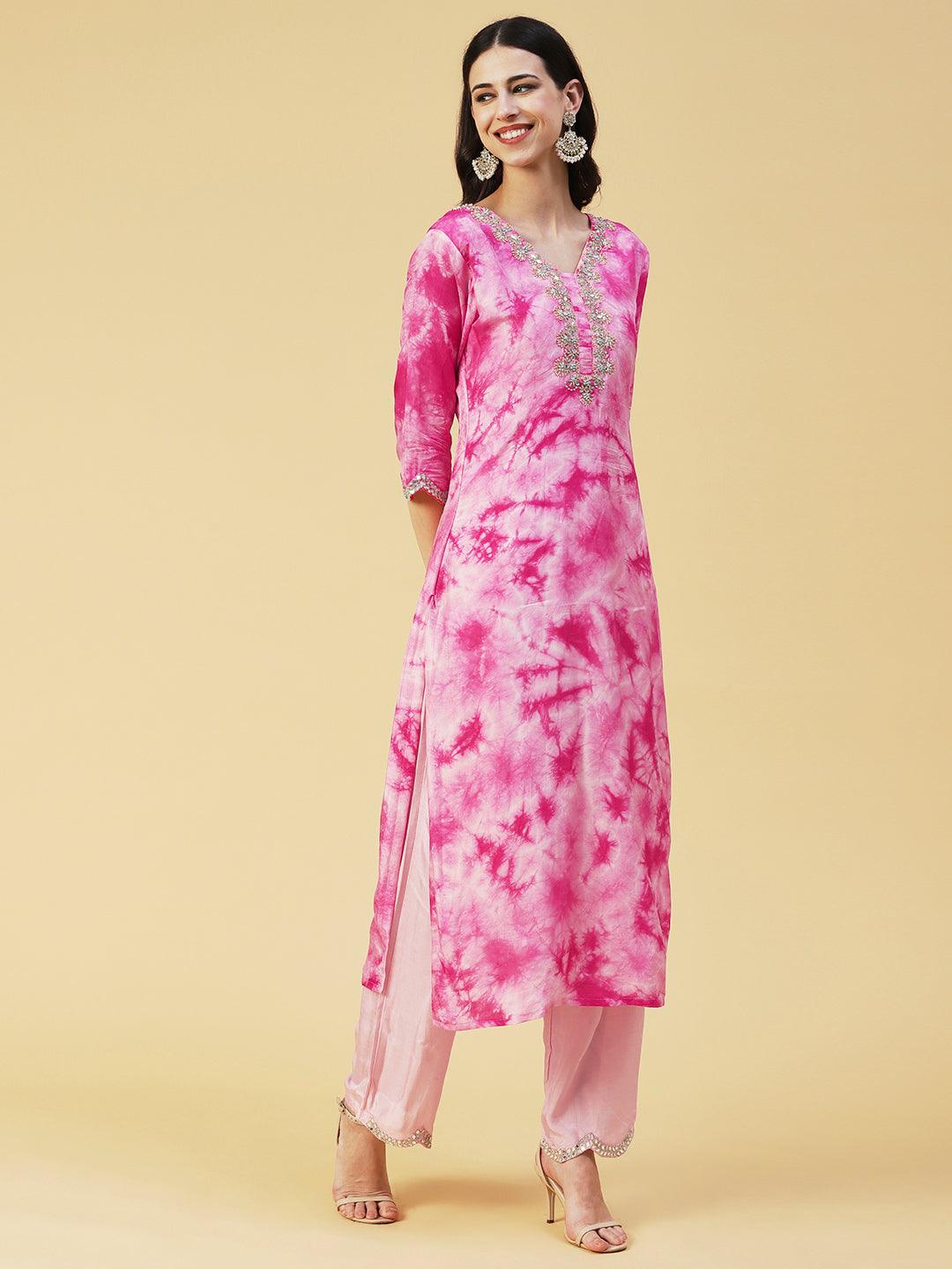 Tie - Dye Printed & Hand Embroidered Kurta with Pant & Dupatta - Pink - Indiakreations