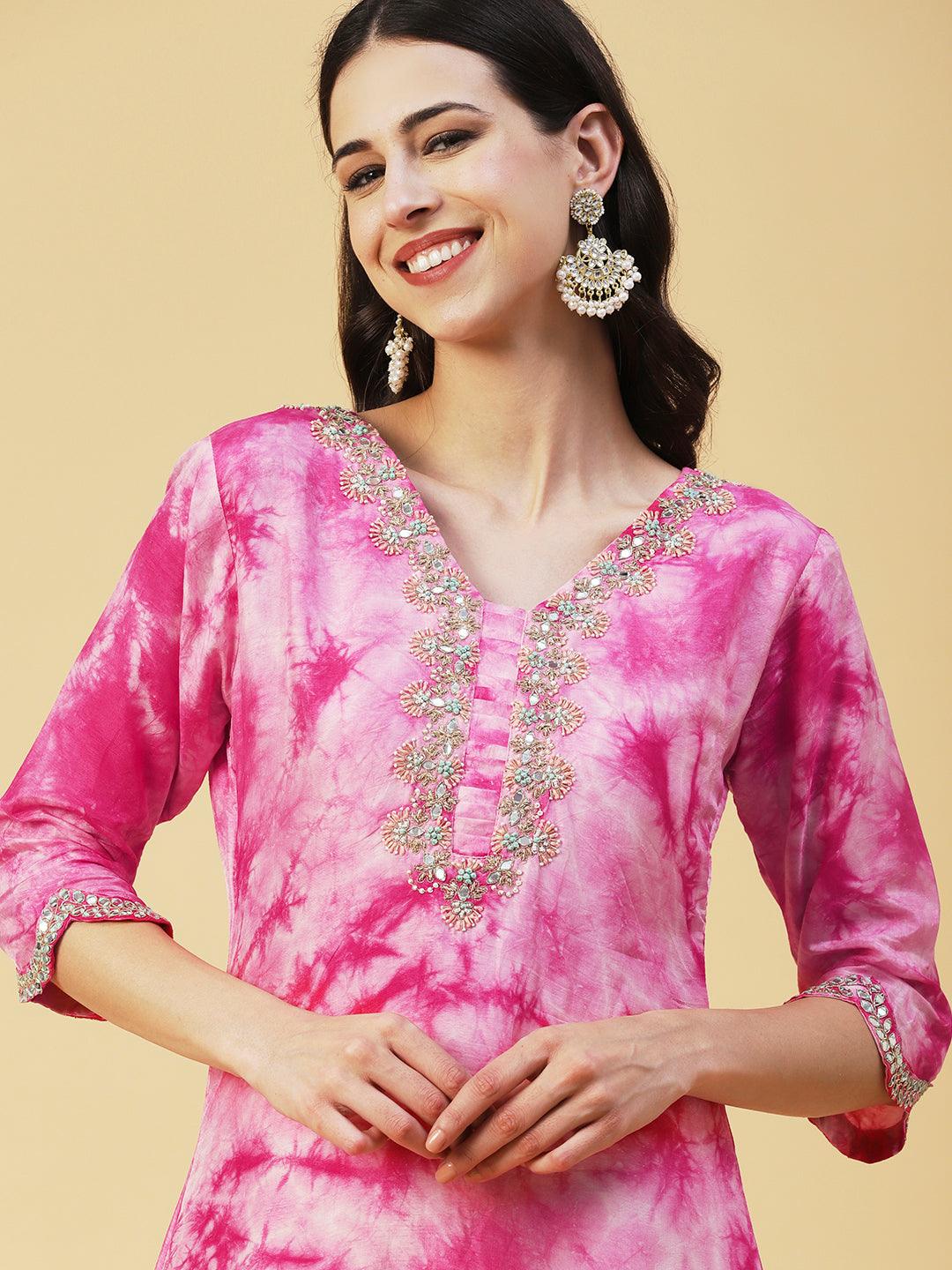 Tie - Dye Printed & Hand Embroidered Kurta with Pant & Dupatta - Pink - Indiakreations