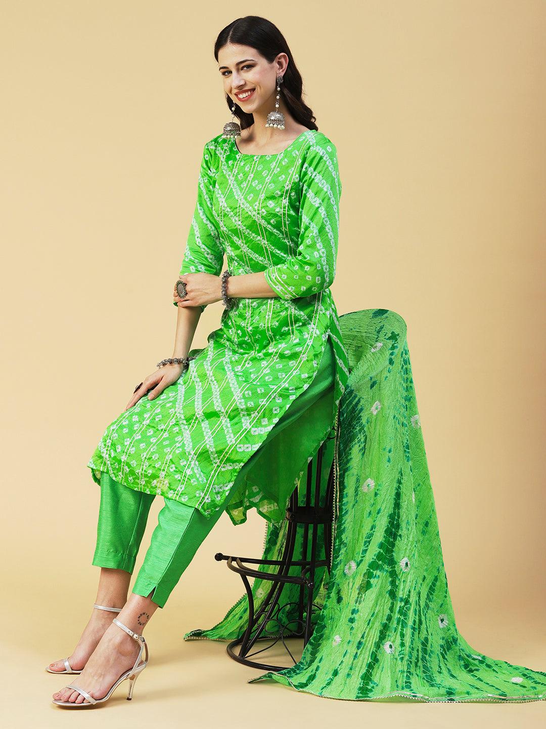 Bandhani Printed Gota Ornamented Kurta With Pants & Shibori Dupatta - Lime Green - Indiakreations