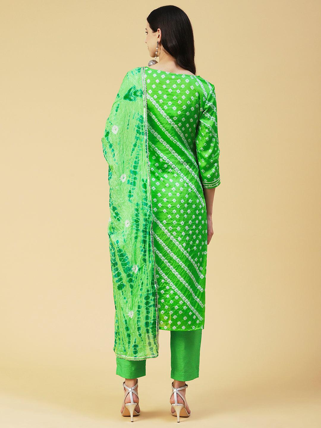 Bandhani Printed Gota Ornamented Kurta With Pants & Shibori Dupatta - Lime Green - Indiakreations