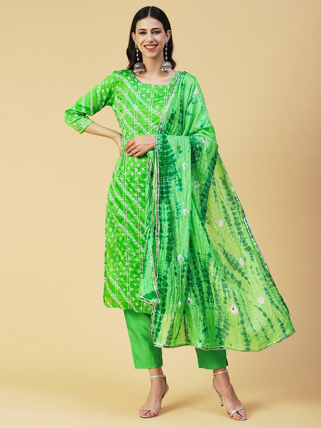 Bandhani Printed Gota Ornamented Kurta With Pants & Shibori Dupatta - Lime Green - Indiakreations