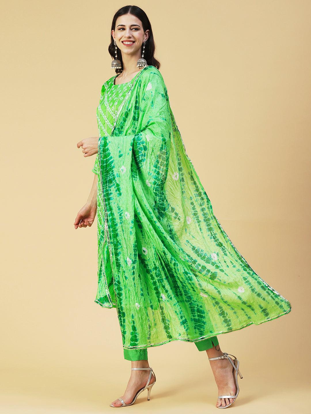 Bandhani Printed Gota Ornamented Kurta With Pants & Shibori Dupatta - Lime Green - Indiakreations