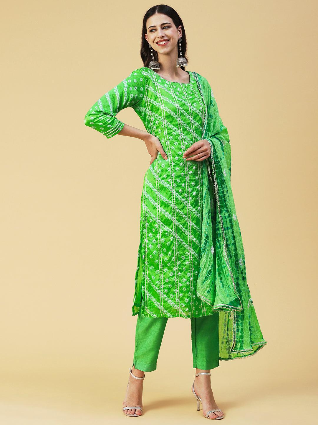 Bandhani Printed Gota Ornamented Kurta With Pants & Shibori Dupatta - Lime Green - Indiakreations