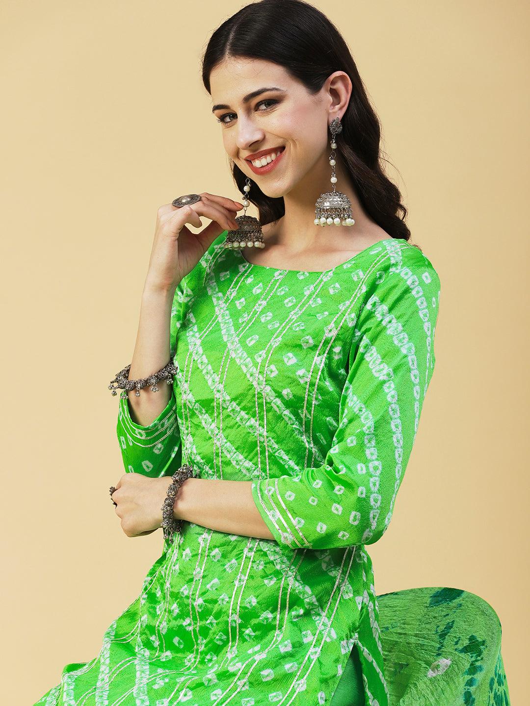 Bandhani Printed Gota Ornamented Kurta With Pants & Shibori Dupatta - Lime Green - Indiakreations