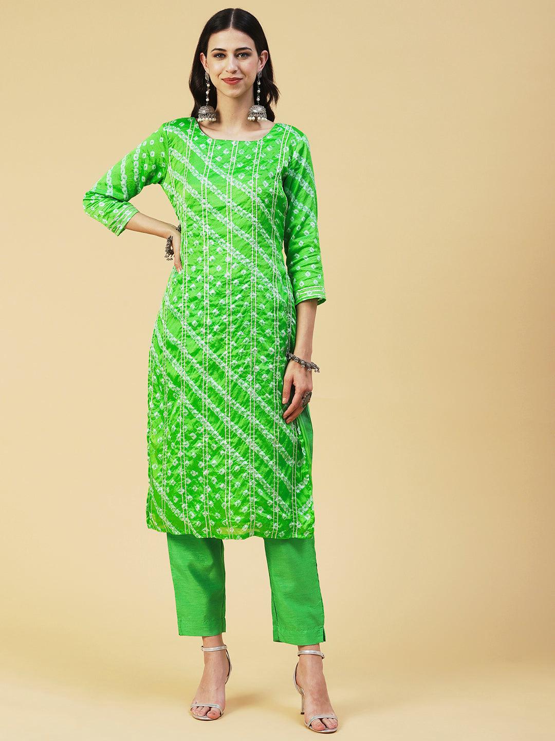 Bandhani Printed Gota Ornamented Kurta With Pants & Shibori Dupatta - Lime Green - Indiakreations