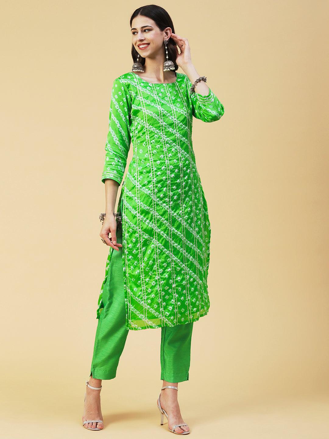 Bandhani Printed Gota Ornamented Kurta With Pants & Shibori Dupatta - Lime Green - Indiakreations