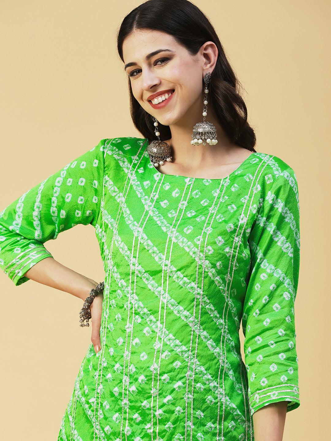 Bandhani Printed Gota Ornamented Kurta With Pants & Shibori Dupatta - Lime Green - Indiakreations