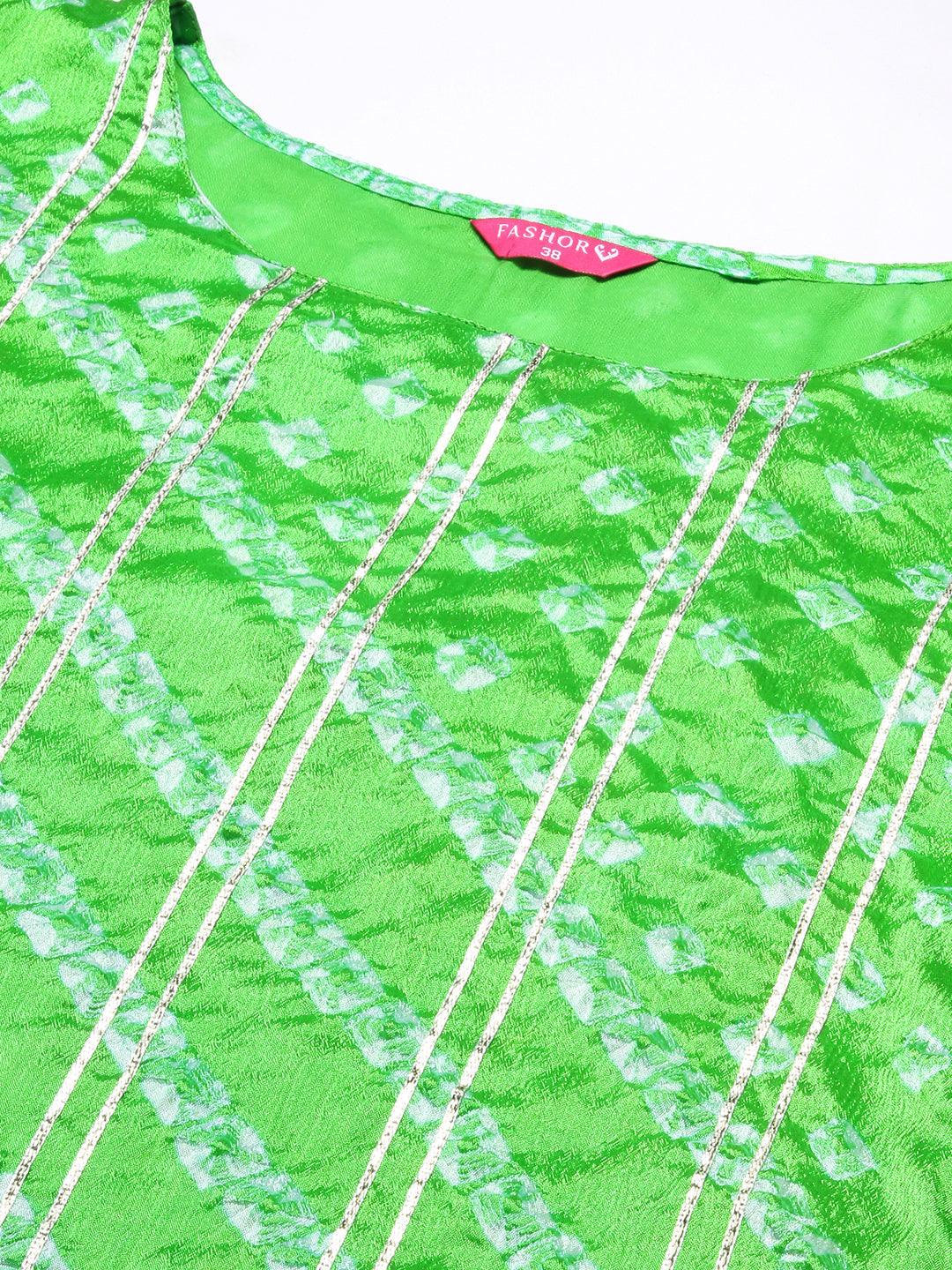 Bandhani Printed Gota Ornamented Kurta With Pants & Shibori Dupatta - Lime Green - Indiakreations