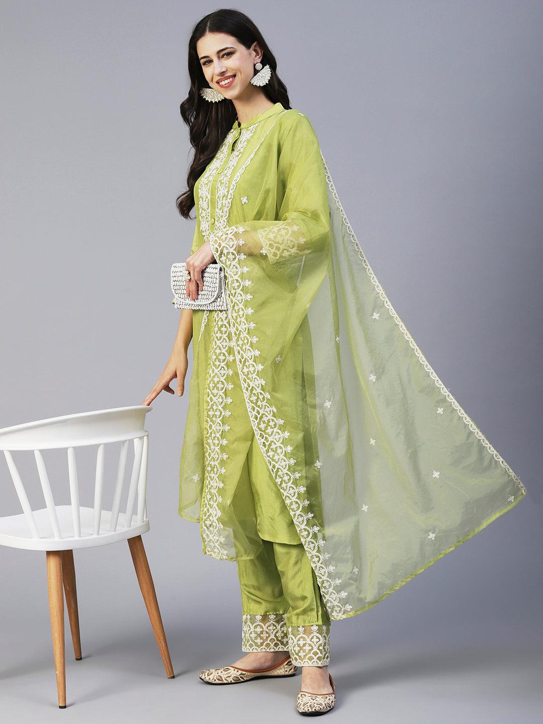 Solid Resham Embroidered Kurta With Pants & Aari Embroidered Dupatta - Lime Green - Indiakreations