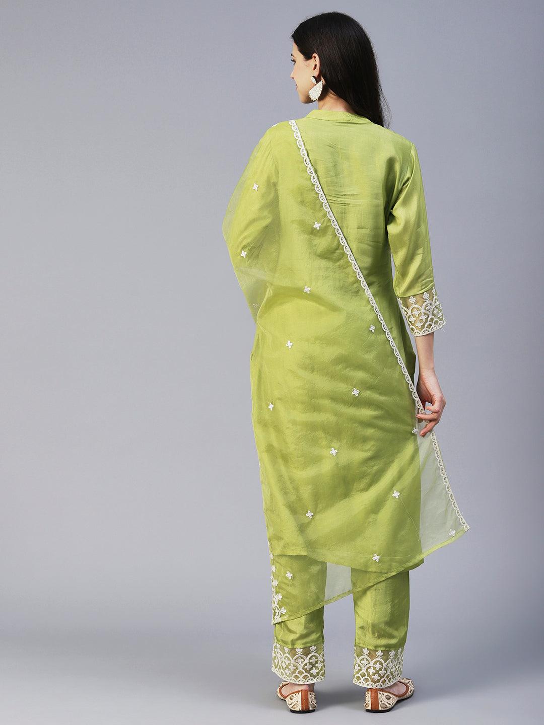 Solid Resham Embroidered Kurta With Pants & Aari Embroidered Dupatta - Lime Green - Indiakreations