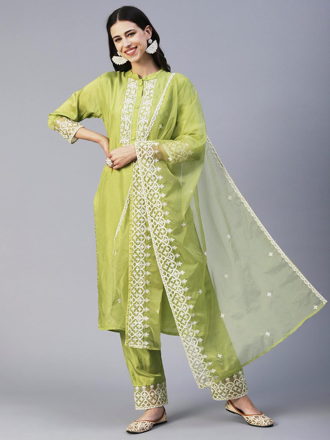 Solid Resham Embroidered Kurta With Pants & Aari Embroidered Dupatta - Lime Green - Indiakreations