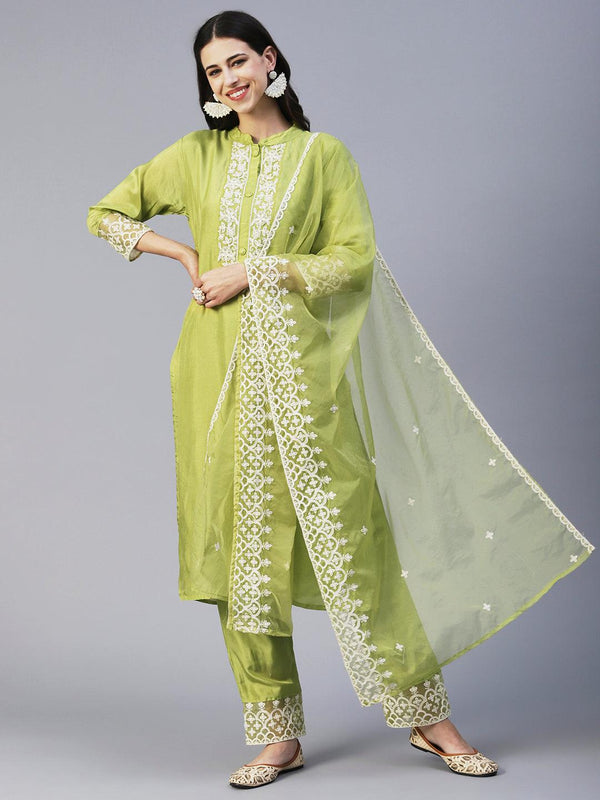 Solid Resham Embroidered Kurta With Pants & Aari Embroidered Dupatta - Lime Green - Indiakreations