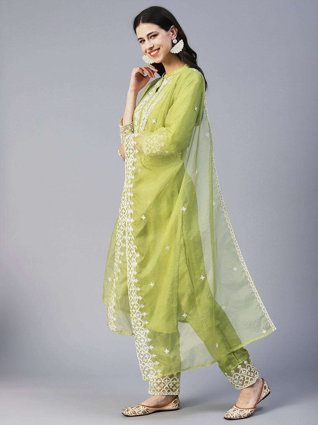 Solid Resham Embroidered Kurta With Pants & Aari Embroidered Dupatta - Lime Green - Indiakreations