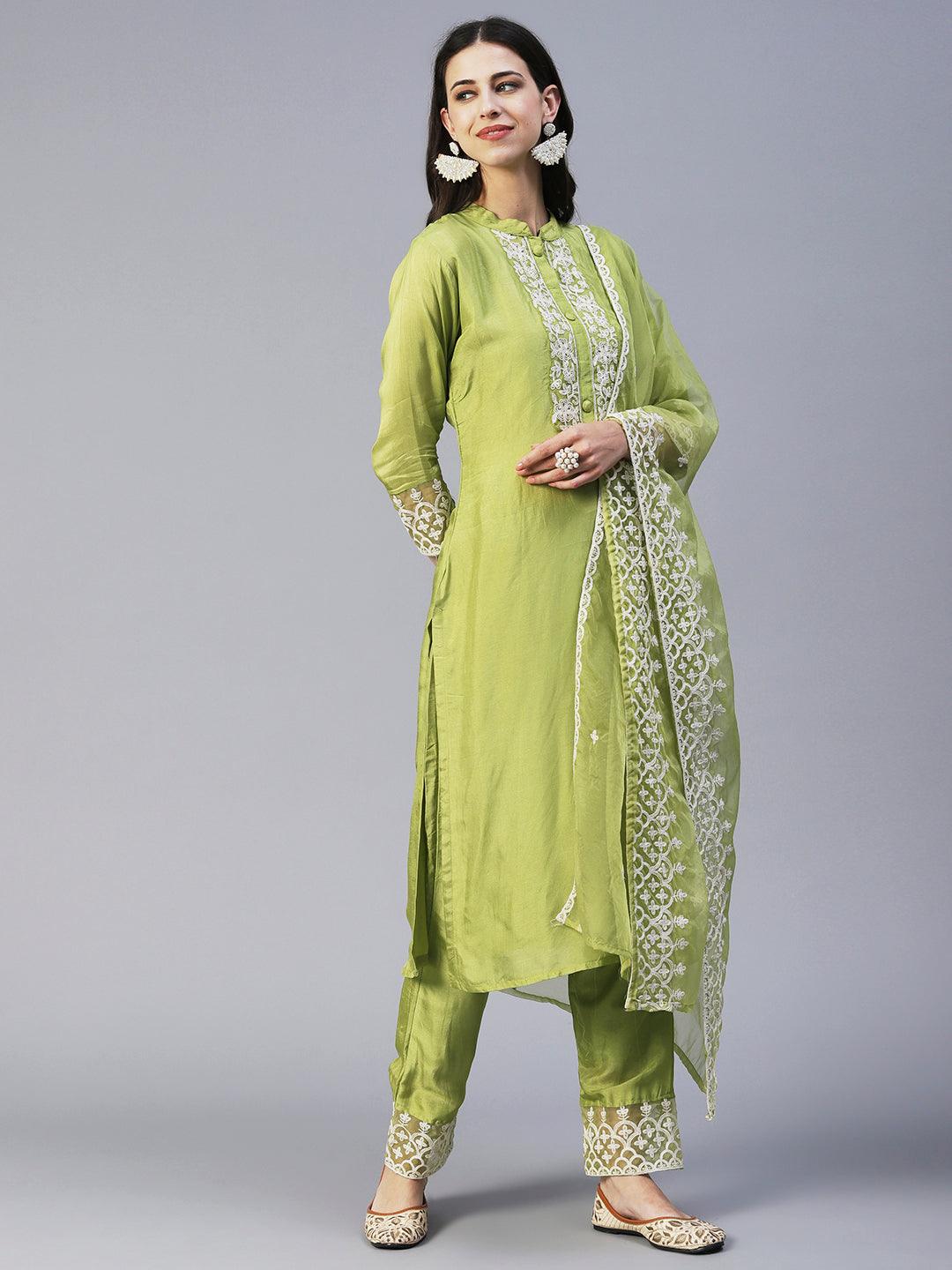 Solid Resham Embroidered Kurta With Pants & Aari Embroidered Dupatta - Lime Green - Indiakreations