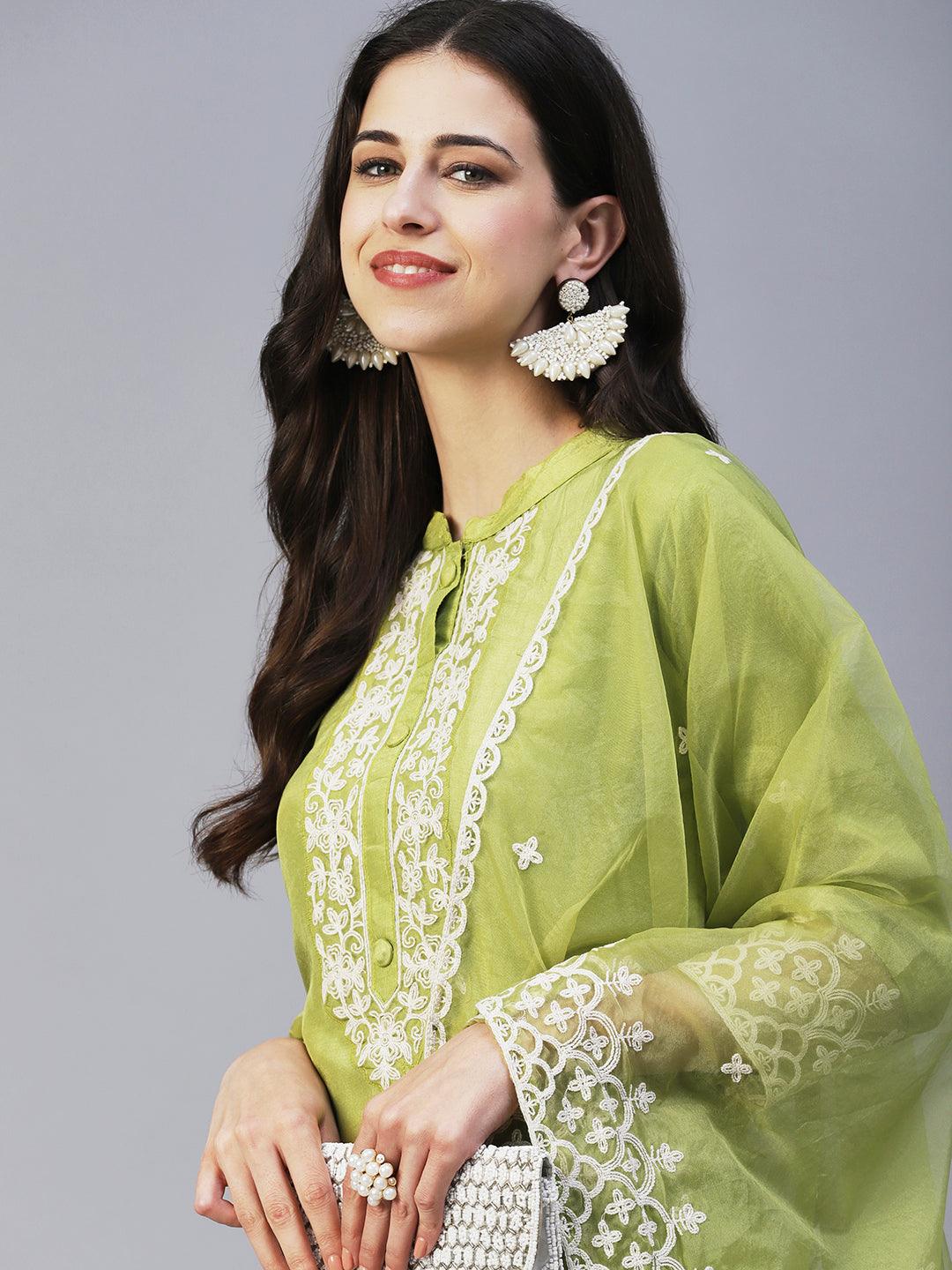 Solid Resham Embroidered Kurta With Pants & Aari Embroidered Dupatta - Lime Green - Indiakreations