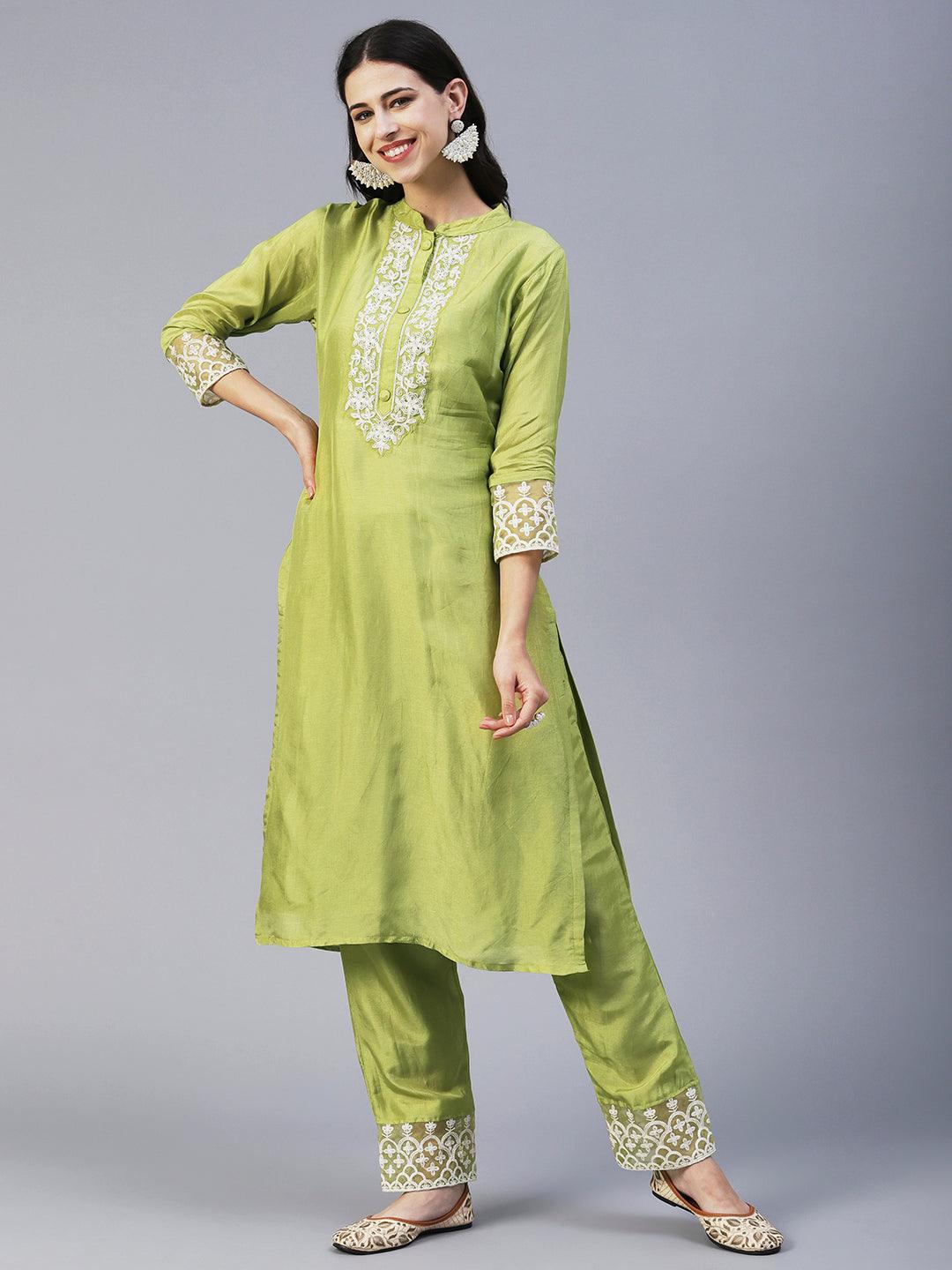 Solid Resham Embroidered Kurta With Pants & Aari Embroidered Dupatta - Lime Green - Indiakreations