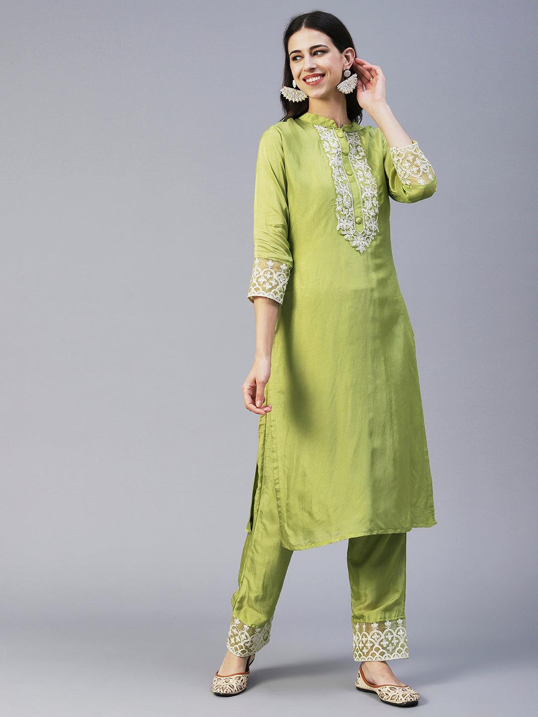 Solid Resham Embroidered Kurta With Pants & Aari Embroidered Dupatta - Lime Green - Indiakreations