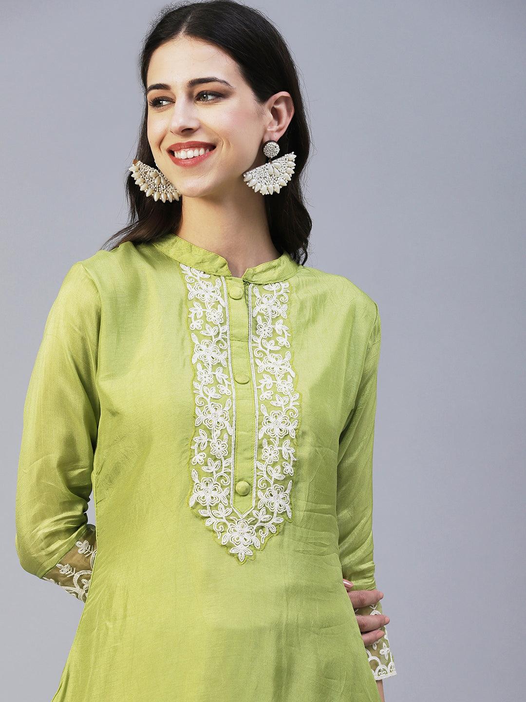 Solid Resham Embroidered Kurta With Pants & Aari Embroidered Dupatta - Lime Green - Indiakreations