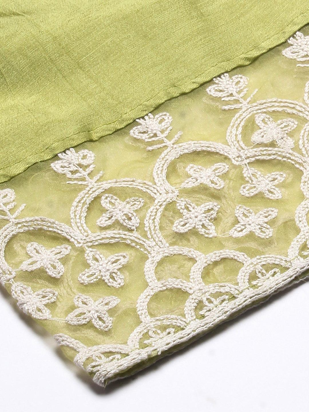 Solid Resham Embroidered Kurta With Pants & Aari Embroidered Dupatta - Lime Green - Indiakreations