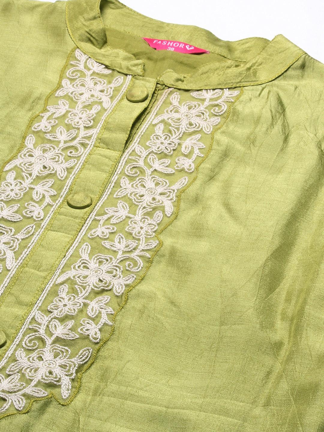 Solid Resham Embroidered Kurta With Pants & Aari Embroidered Dupatta - Lime Green - Indiakreations