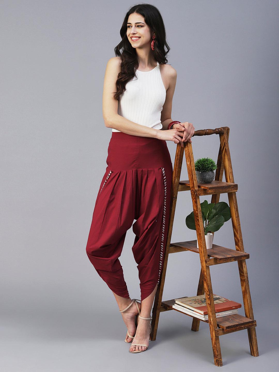 Solid Maroon Cotton Dhoti Pant - Maroon - Indiakreations