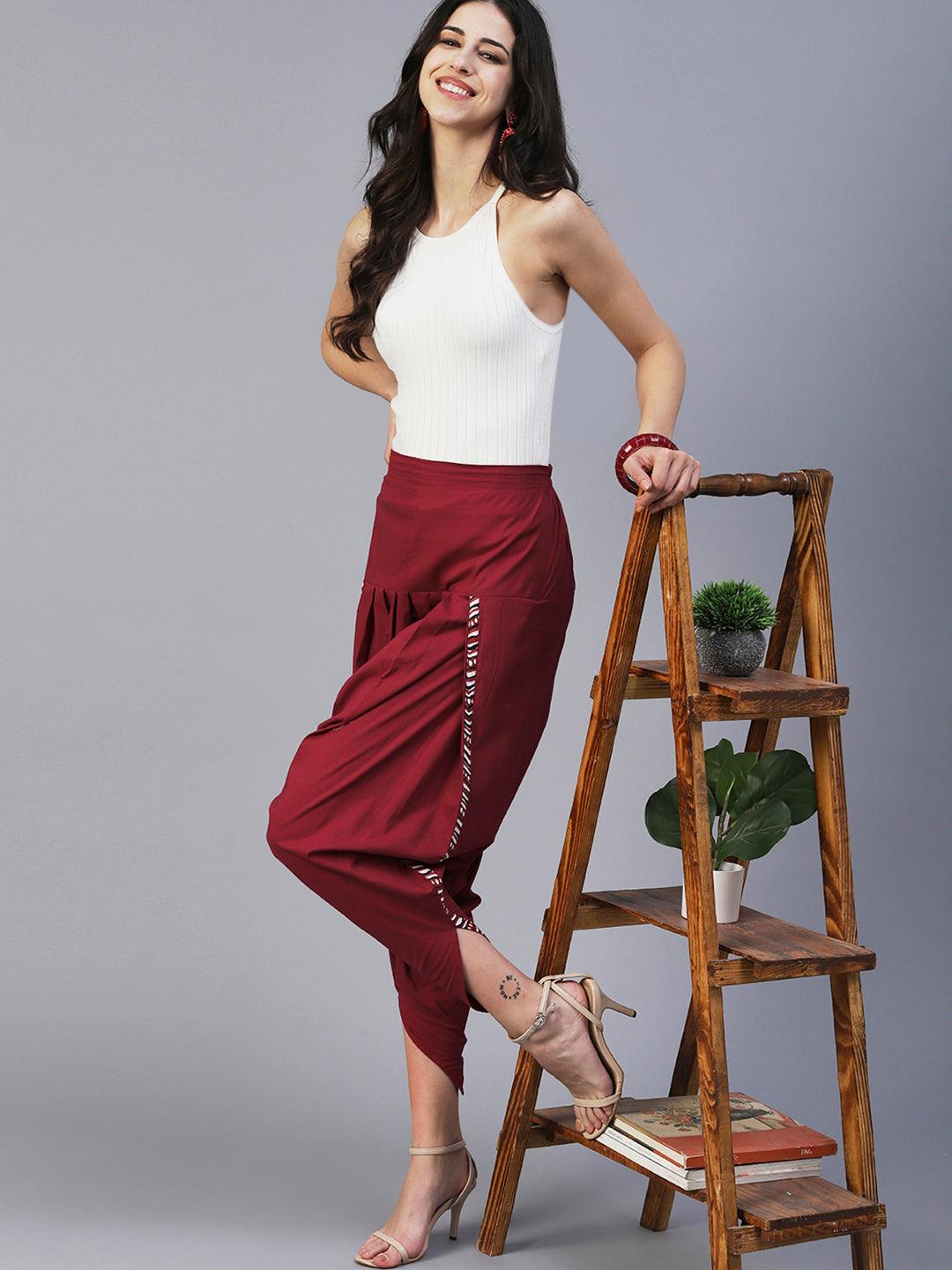 Solid Maroon Cotton Dhoti Pant - Maroon - Indiakreations