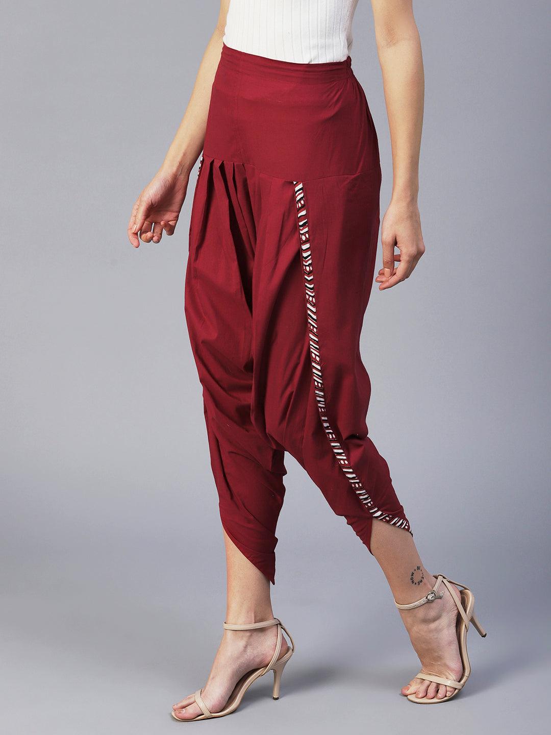 Solid Maroon Cotton Dhoti Pant - Maroon - Indiakreations