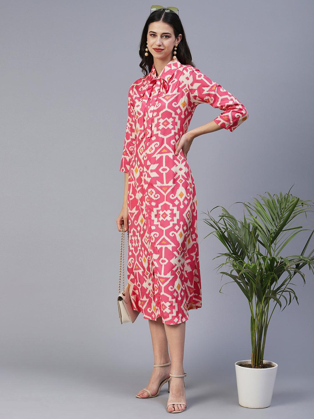 Ethnic Tribal Printed A-Line Midi Dress - Pink - Indiakreations