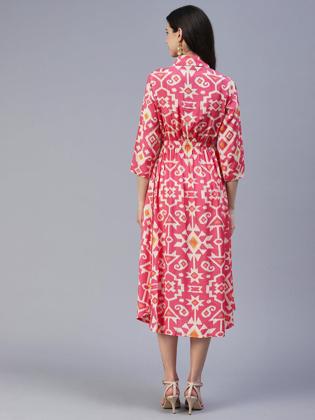 Ethnic Tribal Printed A-Line Midi Dress - Pink - Indiakreations