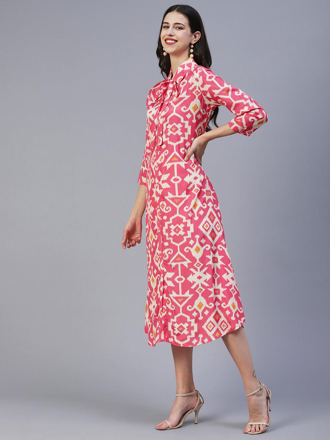 Ethnic Tribal Printed A-Line Midi Dress - Pink - Indiakreations