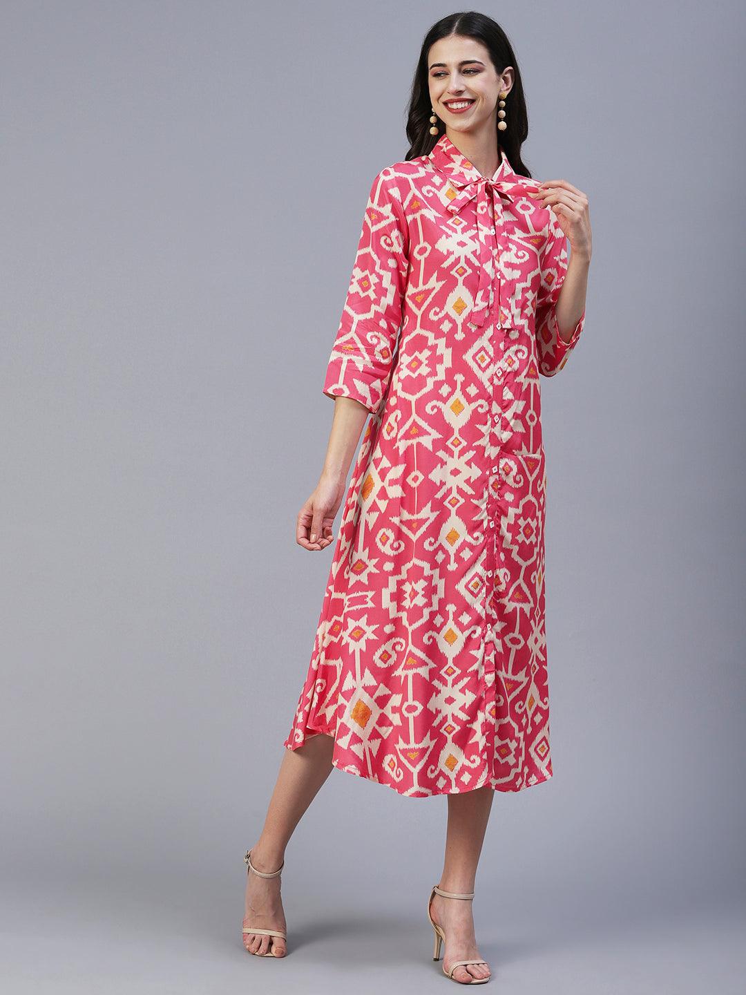 Ethnic Tribal Printed A-Line Midi Dress - Pink - Indiakreations