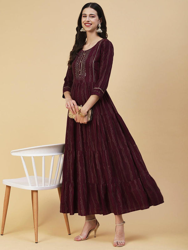 Abstract Striped Mirror Embroidered Tiered Maxi Dress - Maroon - Indiakreations