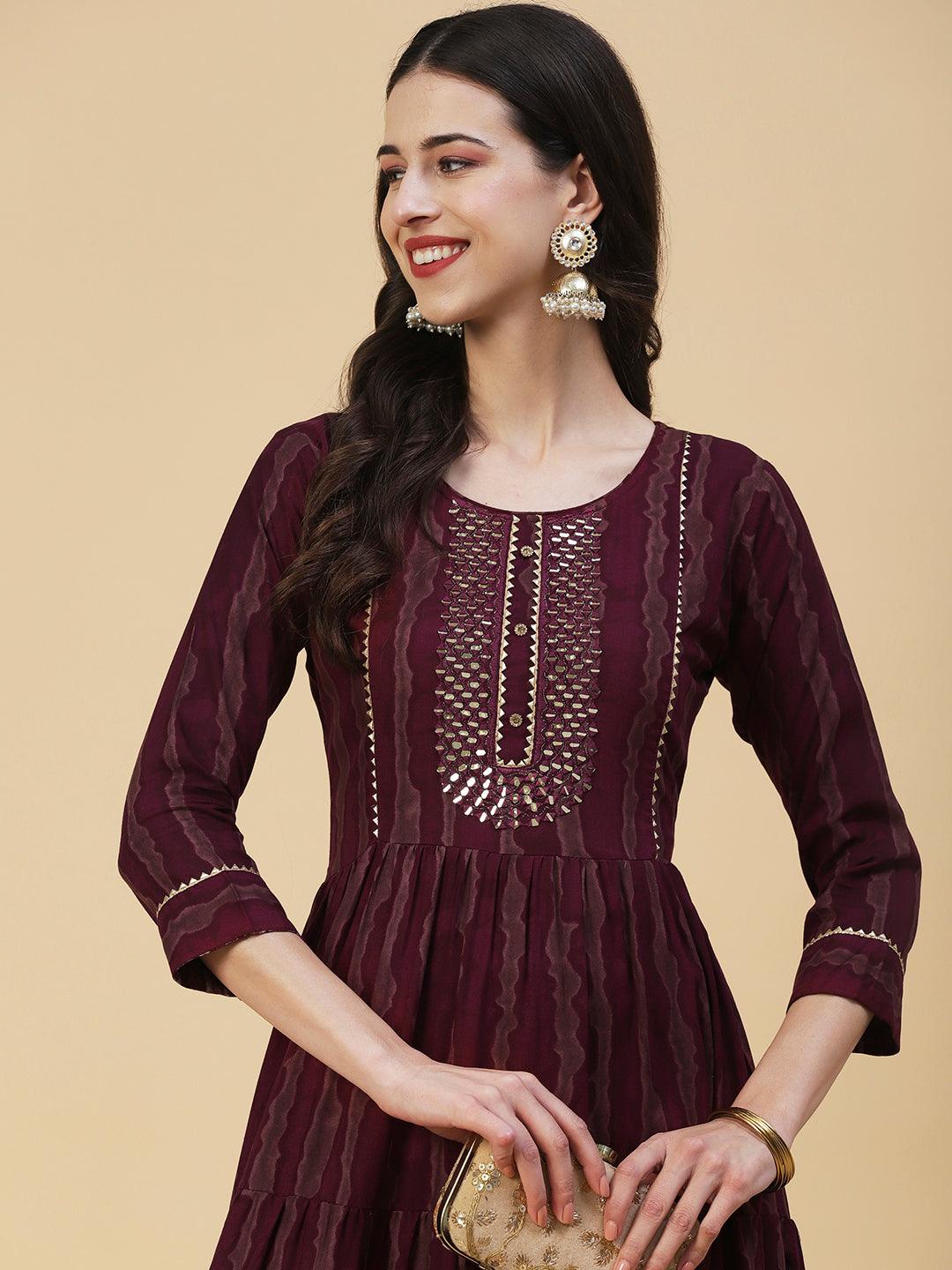 Abstract Striped Mirror Embroidered Tiered Maxi Dress - Maroon - Indiakreations