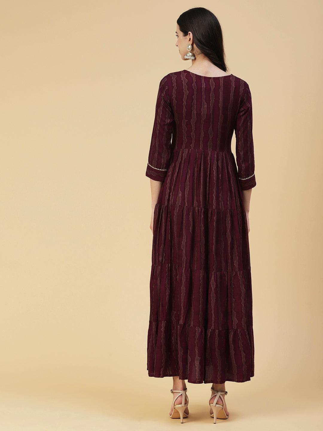 Abstract Striped Mirror Embroidered Tiered Maxi Dress - Maroon - Indiakreations