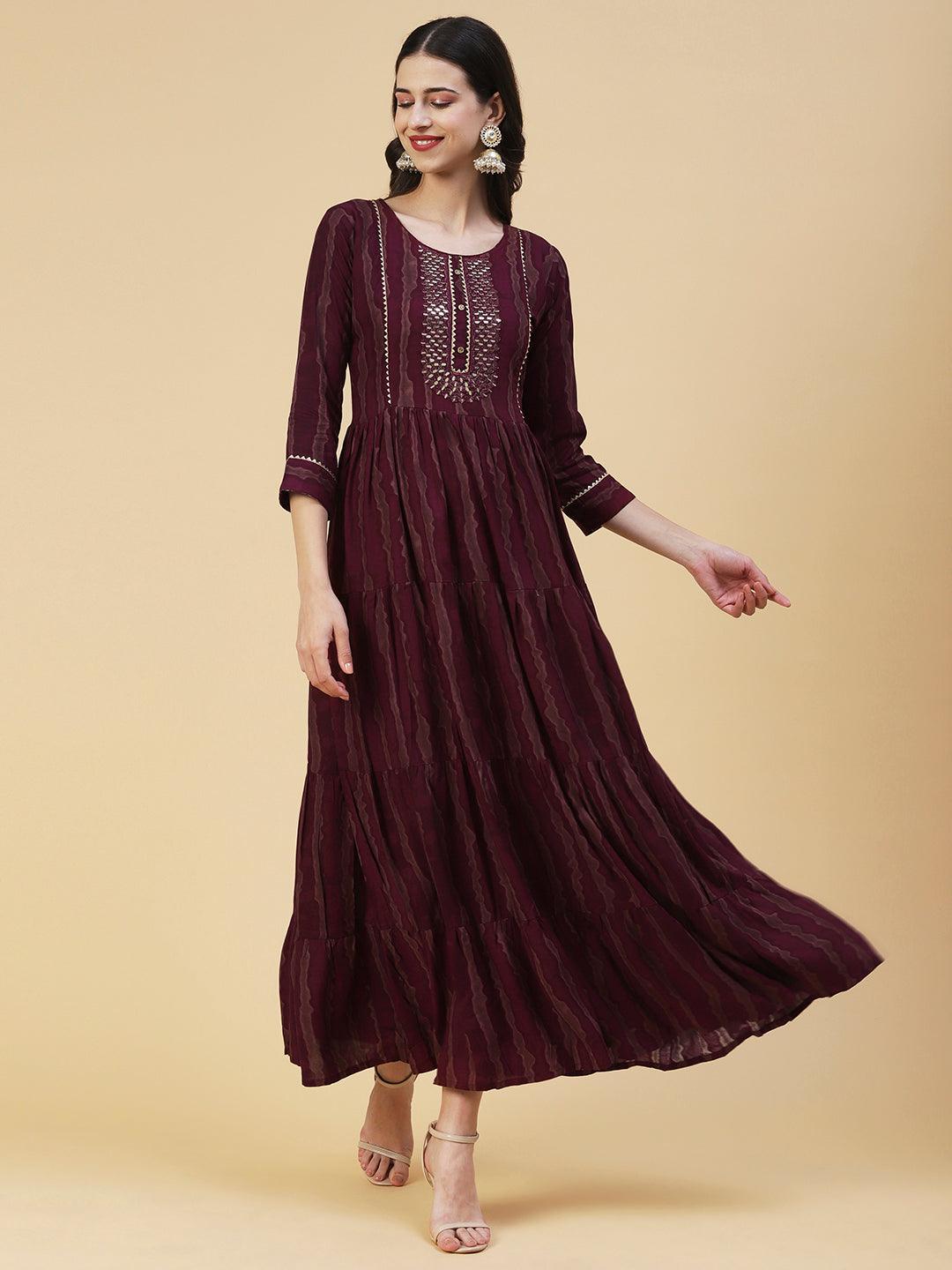 Abstract Striped Mirror Embroidered Tiered Maxi Dress - Maroon - Indiakreations