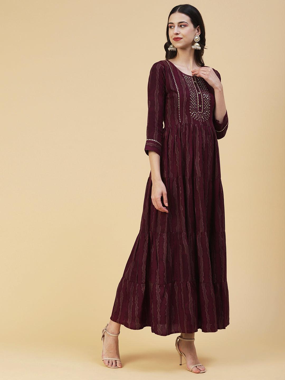 Abstract Striped Mirror Embroidered Tiered Maxi Dress - Maroon - Indiakreations