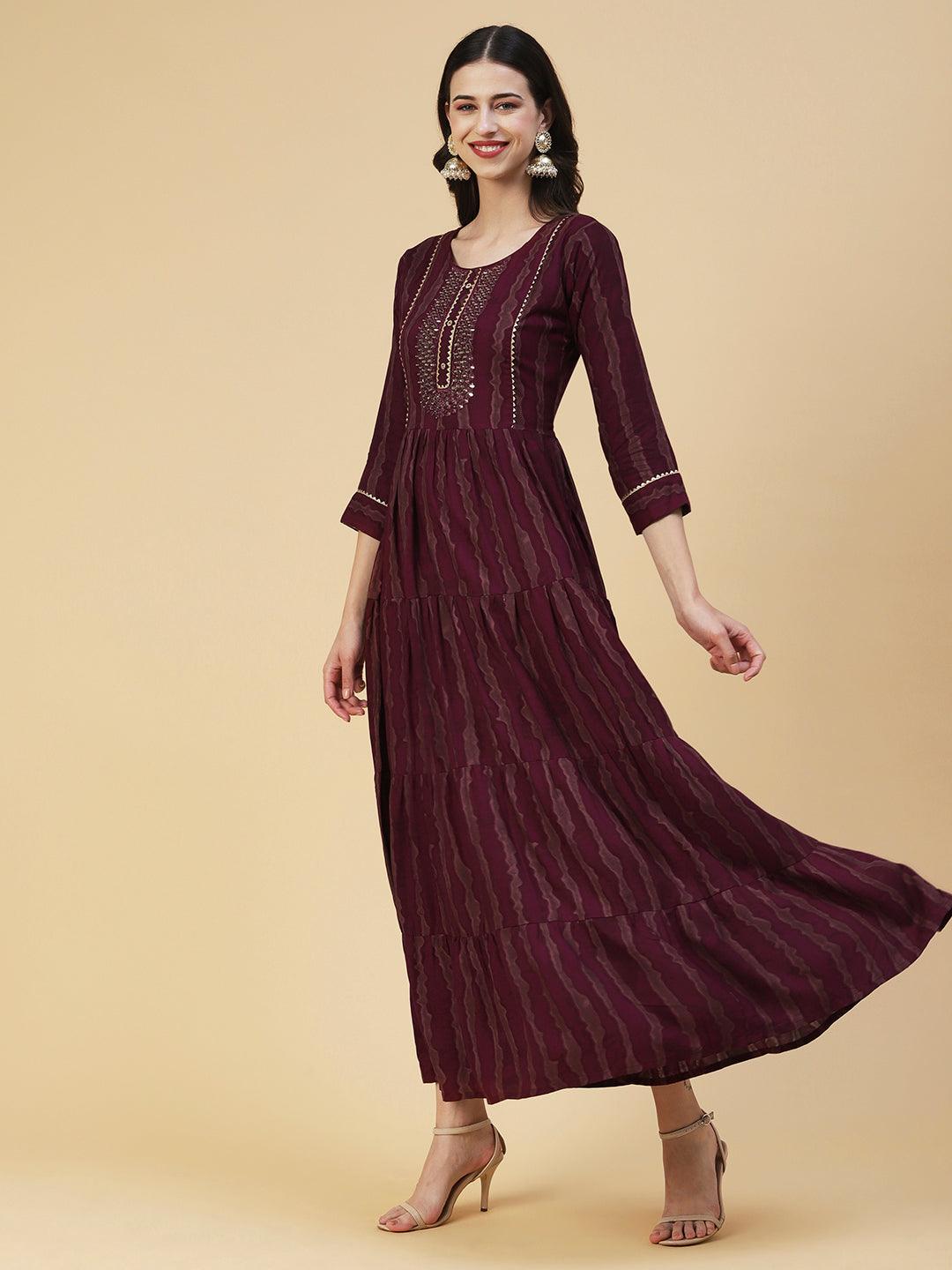 Abstract Striped Mirror Embroidered Tiered Maxi Dress - Maroon - Indiakreations